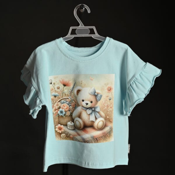 Tricou fetiță albastru cu ursuleț