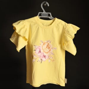 Tricou galben fetițe cu imprimeu floral și volane – Bumbac 95%