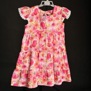 DSC_4843_fata Rochie de vară din muselină 100% bumbac pentru fetițe – imprimeu floral, cu volane și mâneci bufante