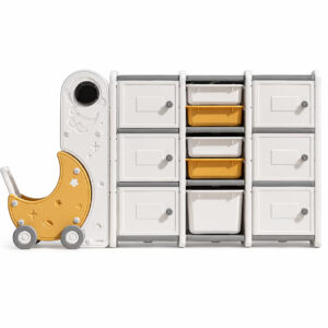 Dulap organizator pentru jucarii cu 13 spatii depozitare BuzzleB Space cu Astronaut 5 Cutii Detasabile, 6 Compartimente cu Usi, Carucior Mobil, HDPE fara BPA, Margini Rotunjite, 179 x 32 x 93 cm, Alb/Galben