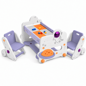 Măsuță Spațială 3 în 1 pentru Copii cu 2 Scaune BuzzleB, masă de activități și desen, compatibilă LEGO DUPLO, 100 piese, Alb/Mov