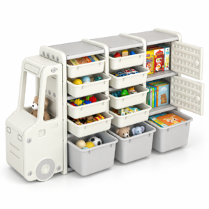 Dulap jucarii cu 3 coloane BuzzleB, design camion, 13 compartimente, 8 sertare mici, 3 sertare mari, 2 spatii cu usi, HDPE fara BPA, 149 × 31,5 × 94 cm, Alb/Gri