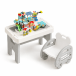 Set masă și scaun pentru copii BuzzleB 3 în 1, blat reversibil compatibil cu piese tip LEGO DUPLO, desen, depozitare, 100 piese, HDPE fără BPA, alb-gri